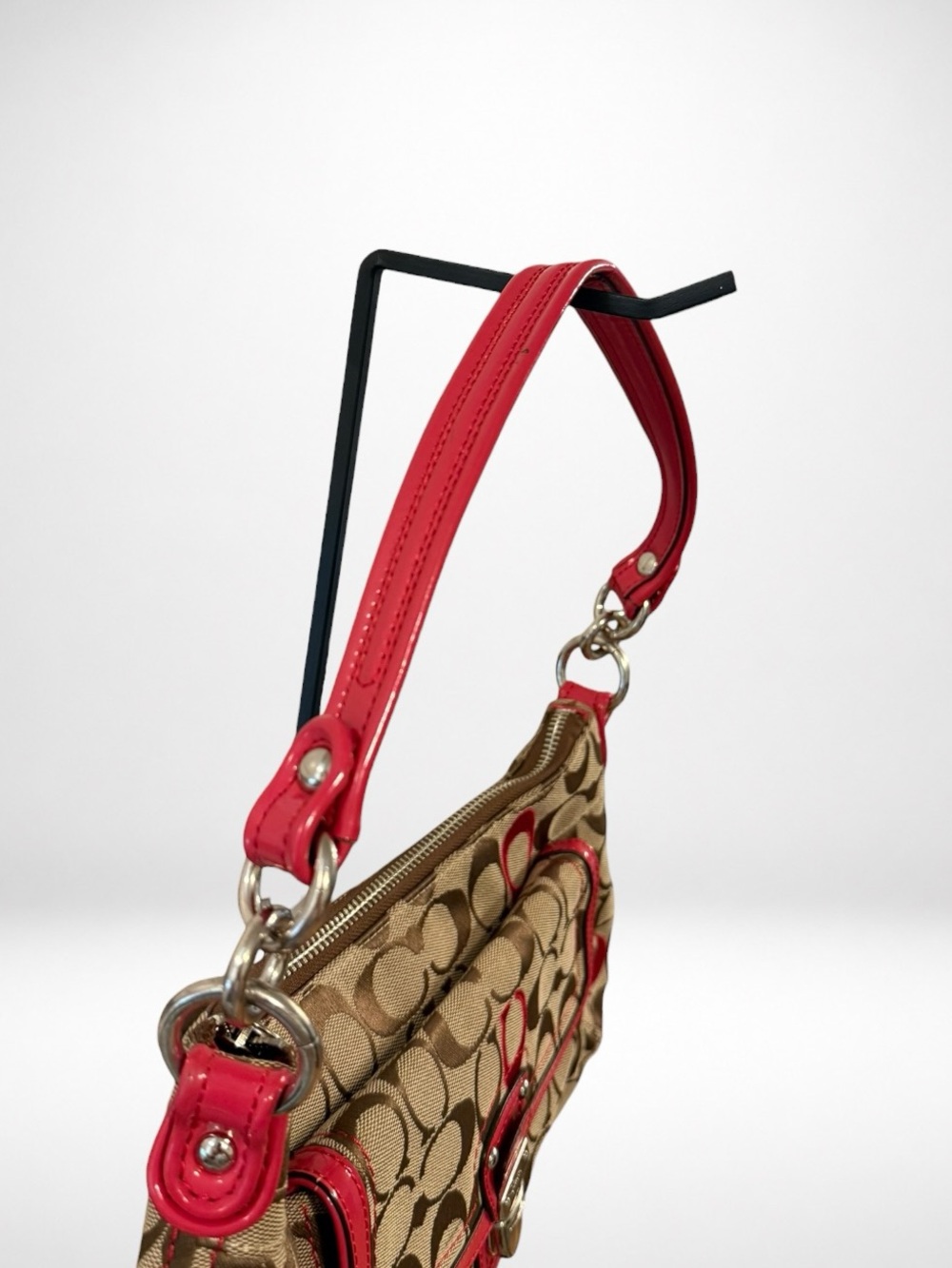 COACH Soho 2 Way Signature Canvas Shoulder Bag Khaki Pink Patent Leather 21623 - Picture 10 of 14